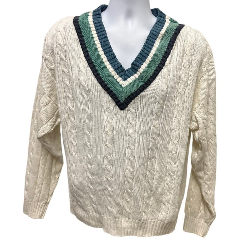 🧵 JED Wear V-Neck Cable Knit Sweater L – Vintage Tennis Ivy Preppy Style Tennis